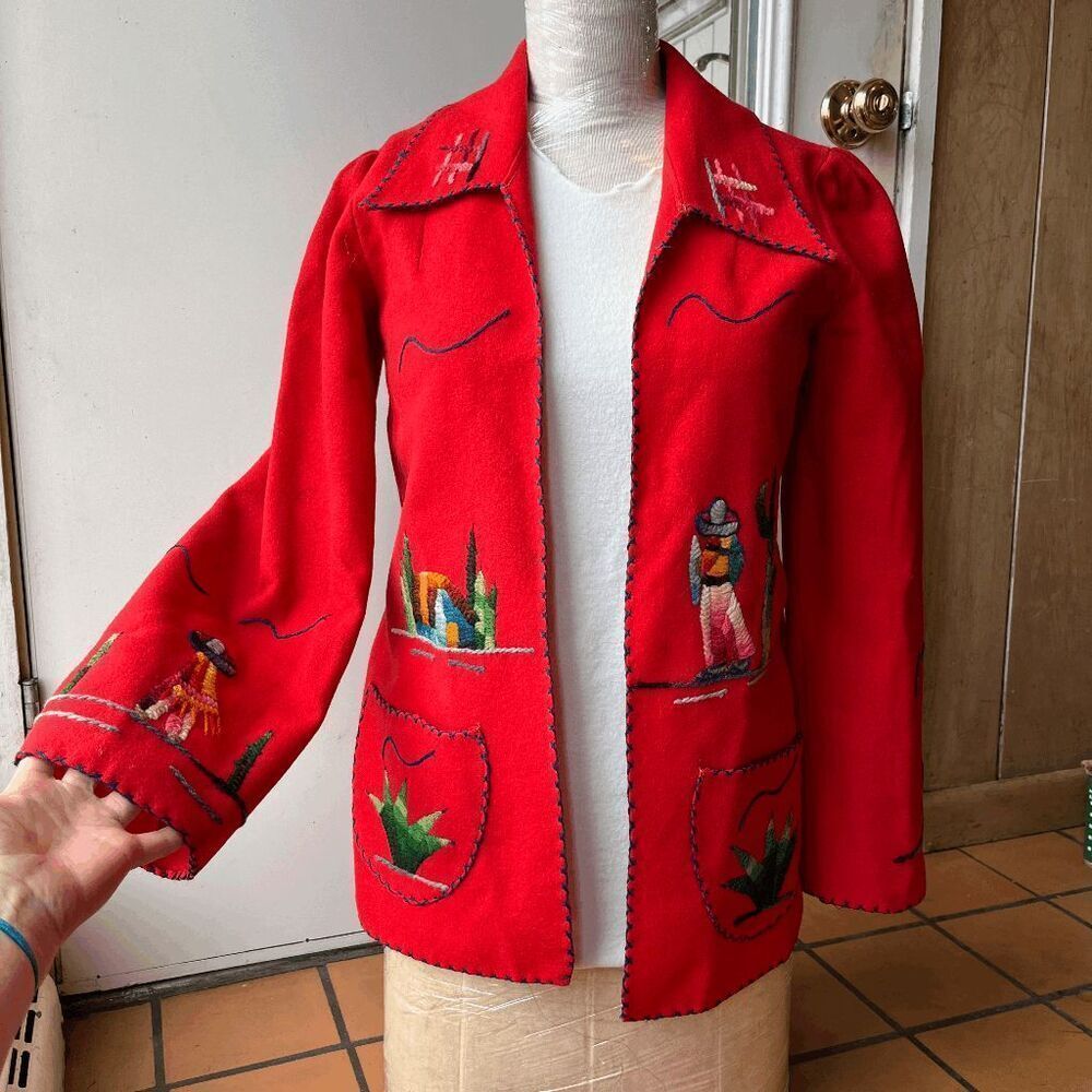 VTG 1940s Mexican Embroidered Wool Jacket Hand-Dyed Yarn, Folk Art, Red Wool S - Picture 2 of 15
